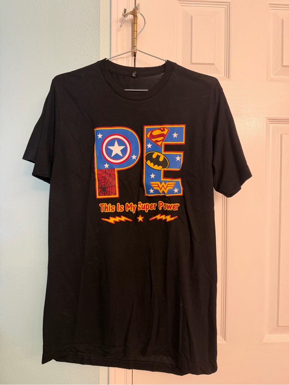 Black Graphic Superhero PE Teacher T‑Shirt